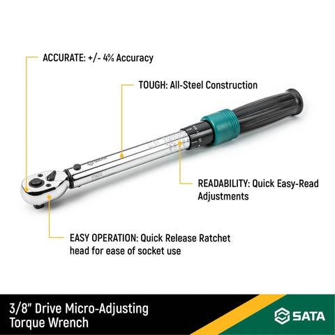 Three Eighths Inch Drive Micro Adjusting Torque Wrench Built Tough With 50 To 250 Inch Pounds And 6.0 To 30 Newton Meters All Steel Construction Quick Release Ratchet Head For Easy Adjustments And High Accuracy, accurate and easy-read adjustments, all-steel construction, highlighted features.