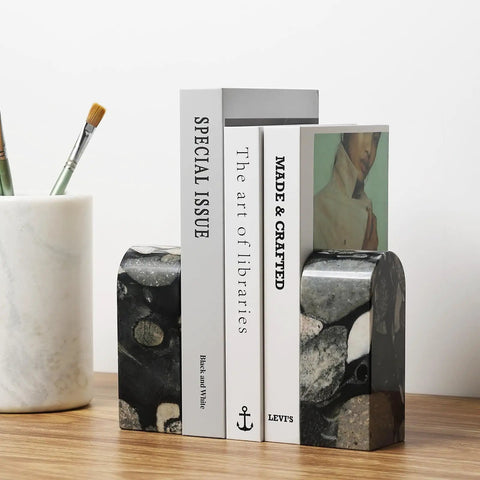 Sturdy Marble Book Ends Set Weighing 7lbs With Non Slip Pads For Stable Shelf Display That Keeps Books CDs And Video Games From Slipping
