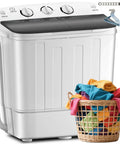 Compact Portable Twin Tub Washing Machine Including Free Clothes Drying Rack And Hangers showing control panel and laundry basket.