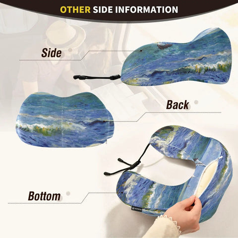 Monet's Sea Sailboat Travel Neck Pillow With Memory Foam showing side, back, and bottom views with zippered cover and strap.