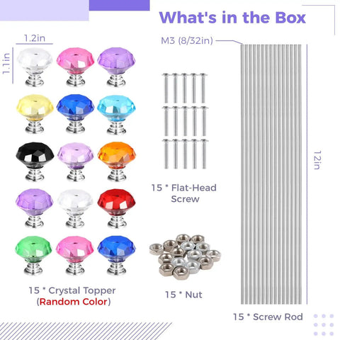All In One DIY Threaded Rod Kit With 60 Pieces On 8-32 Threads, showing rods, screws, nuts, and rhinestone heads