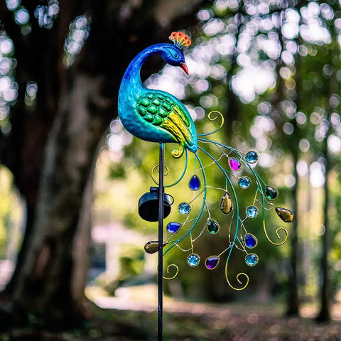 Metal Peacock Solar Garden Lights Stakes, Waterproof Path Lights for Outdoor Patio Lawn Yard Decor, on garden background