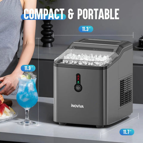 Countertop Nugget Ice Maker Pebble Ice Machine Six Minute Quick Snap Self Cleaning Compact Portable Design cranks out soft chewable ice daily.