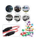 10 Pack 18 AWG Inline Mini Fuse Holders Waterproof For Car Truck Boat SUV 32V DC 30cm Lead Built To Last ROHS Compliant Auto Electrical Wiring Kit For Marine RV And Off Road Use shown with various vehicles and fuse colors.