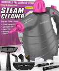 Toss Out Old Dirt Fast With This Powerpacked Handheld Steam Cleaner Boasting 10 Handy Attachments, light gray casing and vibrant pink nozzle.