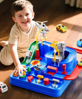Child playing with Epic Kids Car Race Track Set For Ages Three And Up With City Course Three Small Cars And Helicopter.