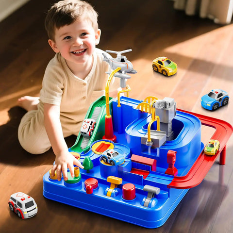 Child playing with Epic Kids Car Race Track Set For Ages Three And Up With City Course Three Small Cars And Helicopter.