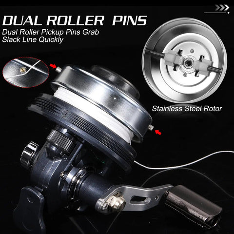 Spincast Fishing Reel With All Metal Gears And 3.9 To 1 High Speed Ten Pound Drag Push Button Casting For Bass Trout And Catfish Left Or Right Hand Retrieve Includes Monofilament Line Built Tough For Freshwater, showing dual roller pins and stainless steel rotor.