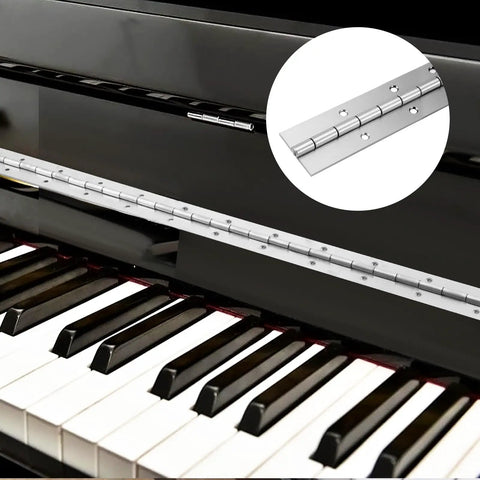 Heavy Duty Stainless Steel Piano Hinges, 2 Inch By 20 Inch Continuous Cabinet Hardware mounted on a piano lid.