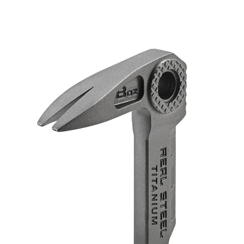 Close-up of 12 Inch Titanium Nail Puller Dual Ended Cats Paw Pry Bar Crowbar For Construction Heavy Duty One Piece Forged Titanium With Dual Angled Claws For Quick Nail Extraction.