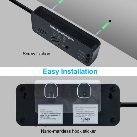 Back view of Two Stage Ultrasonic Animal Deterrent System showing hook stickers and screw fixation for easy installation.