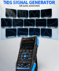 Upgraded Handheld Oscilloscope With Multimeter And DDS Generator, 50 MHz Bandwidth, showing various waveform graphics