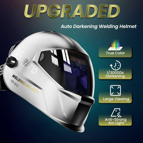 Auto Darkening Welding Helmet With True Color View Large Viewing Window Solar And Battery Powered Wide Shade Range 4/5-13 4 Arc Sensors High Clarity Welder Mask For TIG MIG Stick Perfect For Pros And DIYers, side view with features displayed