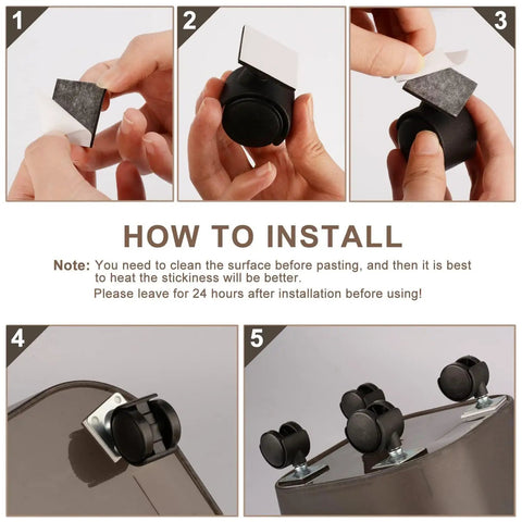 Installation guide for Eight Piece 1 Inch Pasteable Plate Casters With Stick On Adhesive And Screws for furniture mobility