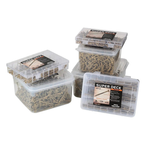Pro Grade Green Deck Screws Size 8 By 1-1/2 Inch Heavy Duty Fasteners in clear containers for home projects.