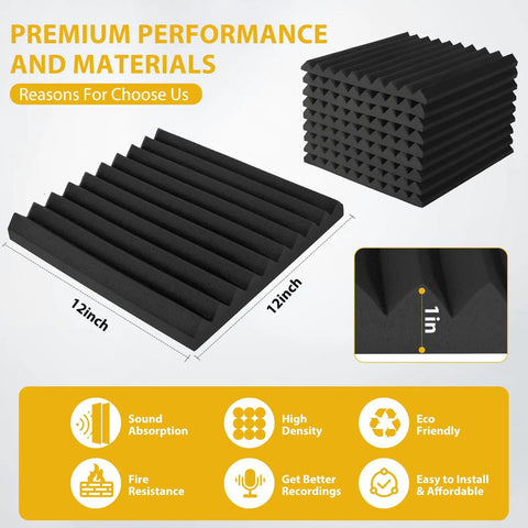 Heavy Duty Acoustic Foam Panels 12 Pack 1 Inch Thick 12 By 12 Black Wedge For Studio Recording Home Office And YouTube Content Creators Noise Reduction And Echo Control, dimensions shown.