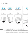 Base size guide illustration for light bulbs, featuring E-12 candelabra base, relevant to Bang For Your Buck Pack Of 6 15W T6 Clear Tubular Light Bulbs 120V E12 Candelabra Base Incandescent Bulbs For Exit Signs Himalayan Salt Lamps Baskets And Vintage Fixtures Great For Small Fixtures And DIY Lighting.