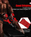 Rock Solid Aluminum Alloy Workout Handles, Hella Durable Metal Gym Grips For Cable Machines And Lat Pulldowns, close-up of red knurled grips.