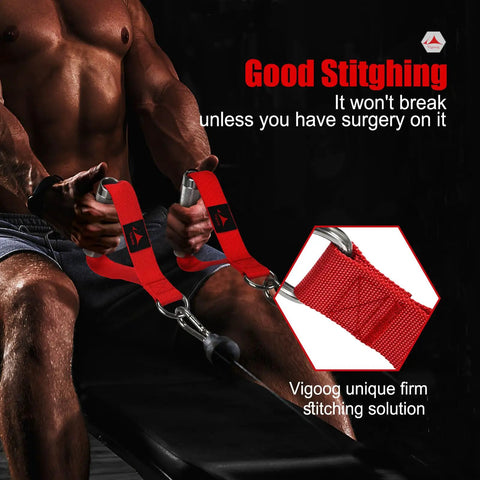 Rock Solid Aluminum Alloy Workout Handles, Hella Durable Metal Gym Grips For Cable Machines And Lat Pulldowns, close-up of red knurled grips.
