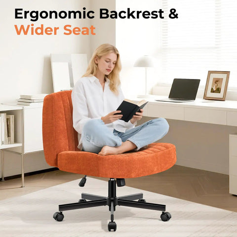 Woman sitting on Criss Cross Office Chair with pocket springs, extra wide 25in seat, orange 4.8in thick cushions, in home office.