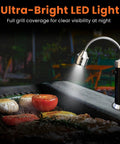 Night Chef Magnetic Grill Light with 9 Ultra Bright LEDs 360 Degree Gooseneck attached to grill, illuminating food.