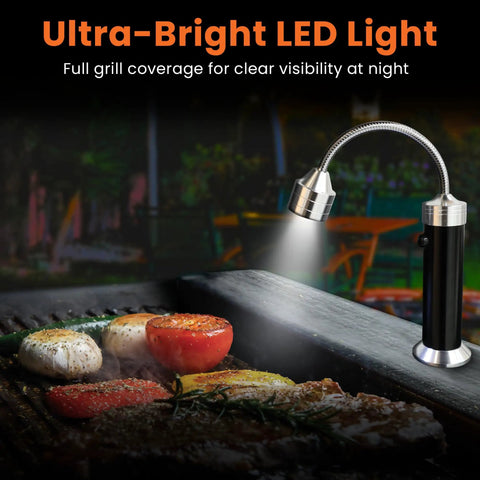 Night Chef Magnetic Grill Light with 9 Ultra Bright LEDs 360 Degree Gooseneck attached to grill, illuminating food.