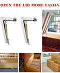 Gas Struts 200N 30Lb Heavy Duty Safety Pneumatic Hinges with slow lowering shown on open wooden cabinet and box applications