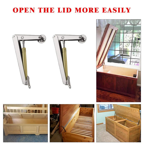 Gas Struts 200N 30Lb Heavy Duty Safety Pneumatic Hinges with slow lowering shown on open wooden cabinet and box applications