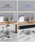 Comparison of desk setup before and after using Under Desk Cable Management Tray 2 Pack 17 Inch Cord Organizer No Drill Alloy Steel Heavy Duty Wire Tray