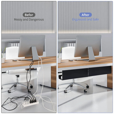 Comparison of desk setup before and after using Under Desk Cable Management Tray 2 Pack 17 Inch Cord Organizer No Drill Alloy Steel Heavy Duty Wire Tray