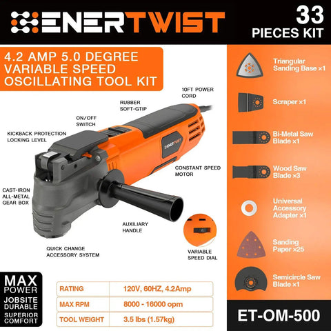 Beast Oscillating Multitool Kit 4.2 Amp 5 Degree Oscillation, Six Variable Speeds, 33-Piece Tool Accessories Shown