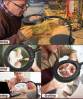 Collage of 10X Magnifying Lamp with Light and Stand, 12.6 Inch Gooseneck Desk Magnifier in use for soldering, carving, crafting, and reading.