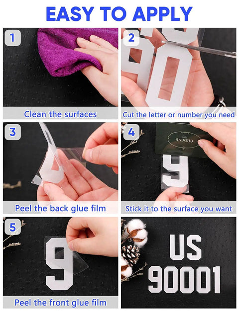 Step-by-step guide for applying Reflective Mailbox Numbers And Letters Stickers Decals, 148-Piece Vinyl Self-Adhesive Kit.