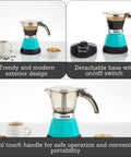 Hassle Free Electric Espresso Maker Compact Coffee Brewer For Daily Grind Two Or Three Cup Capacity Featuring Cool Touch Handle Stylish Teal Finish.