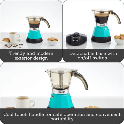 Hassle Free Electric Espresso Maker Compact Coffee Brewer For Daily Grind Two Or Three Cup Capacity Featuring Cool Touch Handle Stylish Teal Finish.