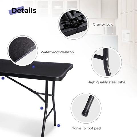 Close-up details of Heavy Duty 6 Foot Folding Table Portable Plastic Fold In Half for Indoor Outdoor Use, showcasing sturdy legs and handle.