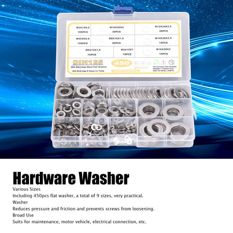 450Pcs Flat Washer Assortment Kit 304 Stainless Steel Washers M3 Through M16 in an open organized box against blue background