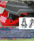 4 Pack Heavy Duty Replacement Shoulder Bolts 532196539 compatible with lawn mower models, shown installed on red mower deck