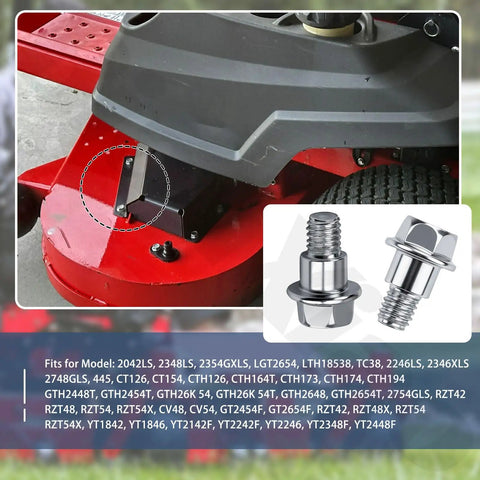 4 Pack Heavy Duty Replacement Shoulder Bolts 532196539 compatible with lawn mower models, shown installed on red mower deck