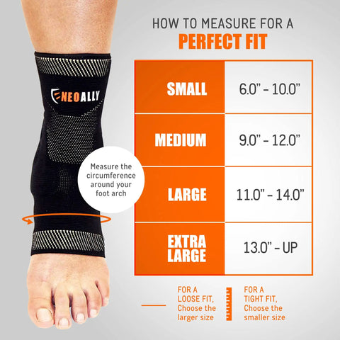 Copper Infused Ankle Support Sleeve With Gel Pads For Plantar Fasciitis And Sprained Ankles, Medium size measurement guide shown.