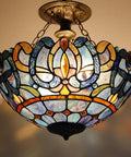 Tiffany Style Ceiling Light Fixture With Blue Purple Cloudy Stained Glass Semi Flush Mount Lamp 16 Inch Wide And 15 Inch Tall Antique Green Bronze Finish Hardwired Design For An Old School Vibe