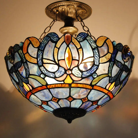 Tiffany Style Ceiling Light Fixture With Blue Purple Cloudy Stained Glass Semi Flush Mount Lamp 16 Inch Wide And 15 Inch Tall Antique Green Bronze Finish Hardwired Design For An Old School Vibe