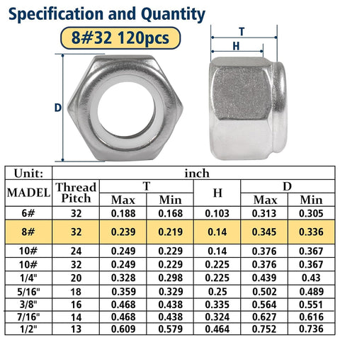 High-Quality 120 Pack Of 8-32 Inch Threaded 304 Stainless Steel Nylon Insert Lock Nuts with size specifications chart visible
