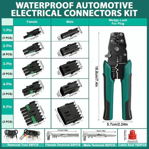 Weather Pack Connector Kit Bundle With 401 Pieces, 1-To-6 Pin Automotive Electrical Wire Connectors image with tools shown.
