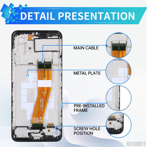 Galaxy A03 Screen Replacement Kit With Frame Full Assembly LCD Display Touch Digitizer detail view showing main cable and frame for SM A035F A035M