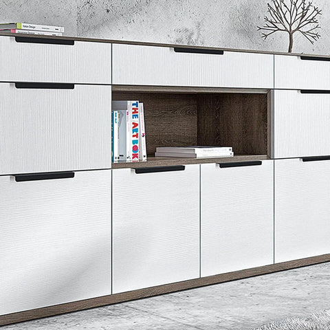 Side view of white cabinets with Black Hidden Edge Cabinet Handles 10 Pack for Drawers and Cabinets With Finger Edge Pulls in Space Aluminum.