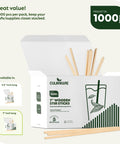 Box of 1000 7 Inch Wood Coffee Stir Sticks displayed with some sticks visible, perfect for cafes and office use, eco-friendly.