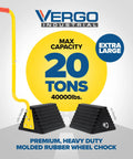 Extra Large Wheel Chock Two Pack Heavy Duty Molded Rubber For Trucks Trailers RVs And Large Freight Equipment Up To Forty Thousand Pounds Capacity Each No Handle with yellow handle and 20 tons capacity label