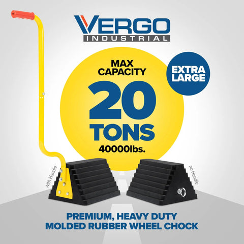 Extra Large Wheel Chock Two Pack Heavy Duty Molded Rubber For Trucks Trailers RVs And Large Freight Equipment Up To Forty Thousand Pounds Capacity Each No Handle with yellow handle and 20 tons capacity label