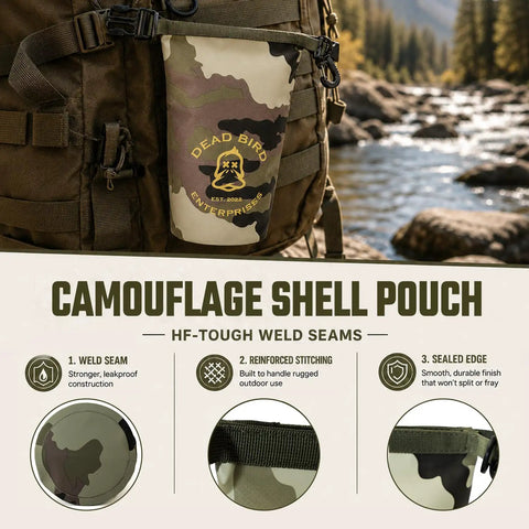 Waterproof 2L Camouflage Dry Bag with Roll Top Closure for Duck Hunting and Outdoor Fun Beach Boating Kayaking Fishing Camping Durable 500D PVC Tarpaulin Shell Pouch attached to a backpack.